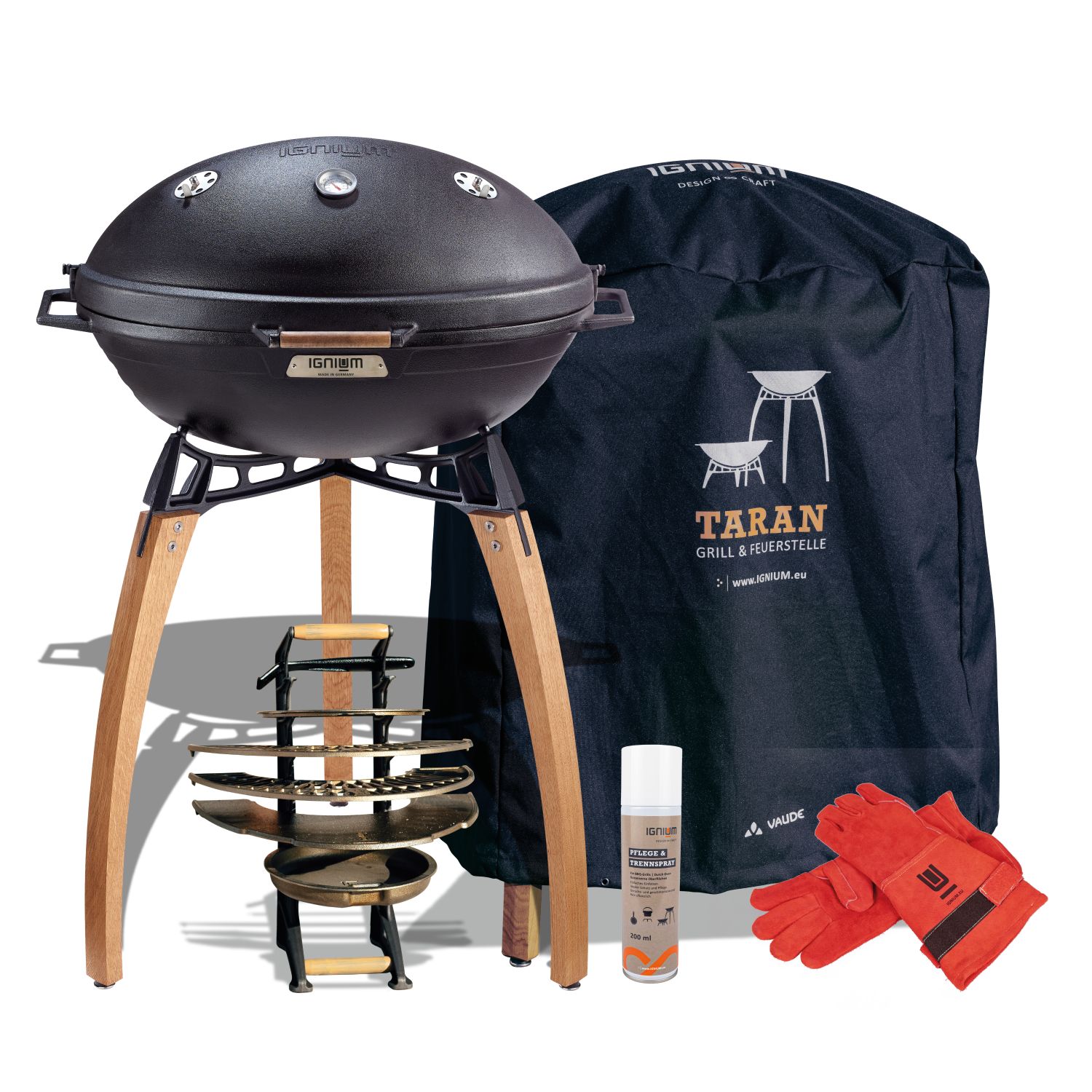 IGNIUM TARAN Premium Grill & Feuerstelle inkl. Zubehörpaket, Design und beste Materialien wie Gusseisen und heimische Eiche für höchste Ansprüche 