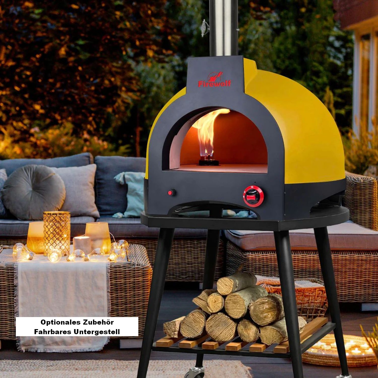 Steinbackofen | Pizzaofen Firewolf Carlo, Farbe Safrangelb, Hybrid Twix-System für Gas und Holz durchdachte Technik und ein edles Design 